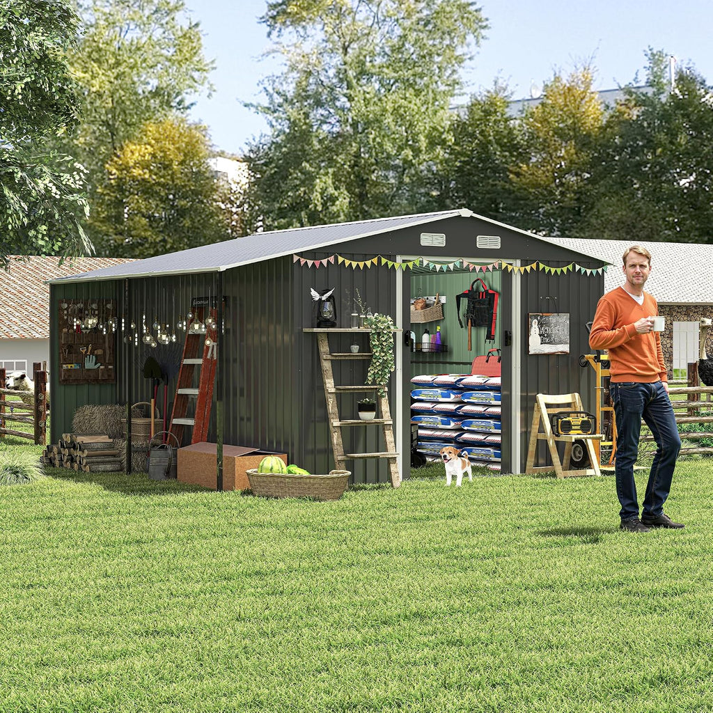 【LuckyNote】 10x12 Ft Outdoor Storage Shed, Extra Large Metal Shed with Lockable Doors, Windows, Outside Steel Tiny House Ideal for Garden, Backyard, Patio Utility, Tool Storage，3 Separate parcels