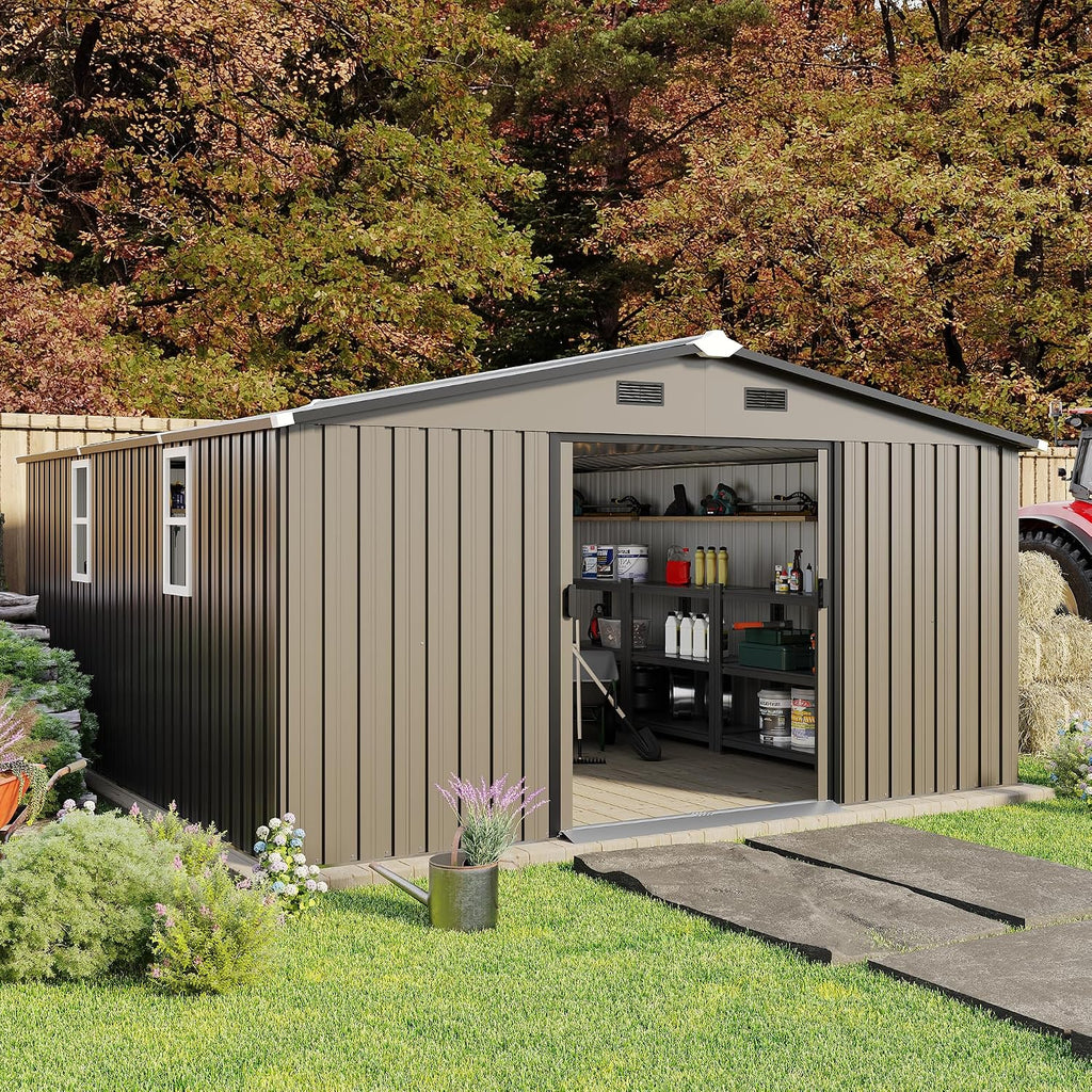 10x12 FT Metal Outdoor Storage Shed with Windows and Tool Kit, Heavy Duty Color Steel Panel, Weatherproof Utility Shed for Backyard Garden, Large Storage Building for Tools, Equipment and Bikes
