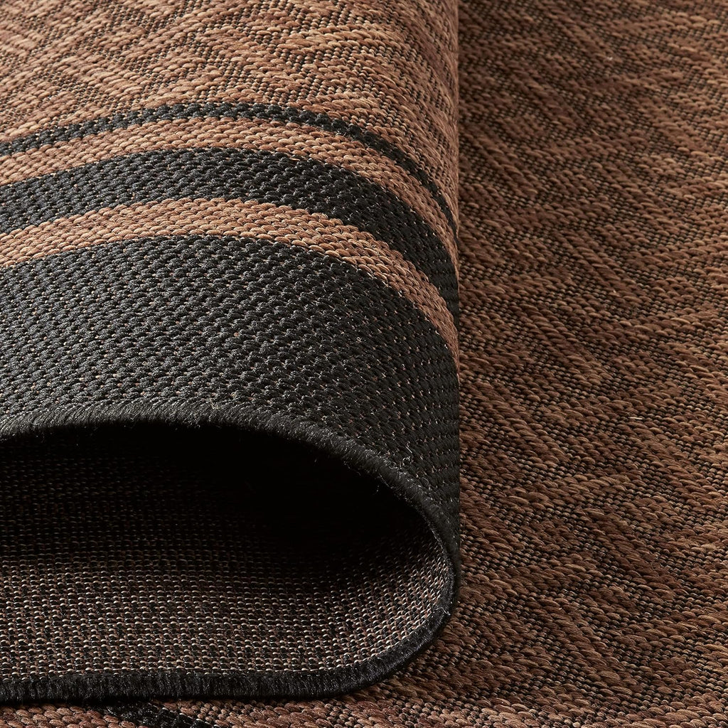 Gertmenian Indoor/Outdoor Flatweave Area Rug - 9x13 Extra Large, Stain & UV Resistant, Ideal For Deck, Patio, Poolside, Mudroom - Simple Border, Black/Nut Brown, 21993