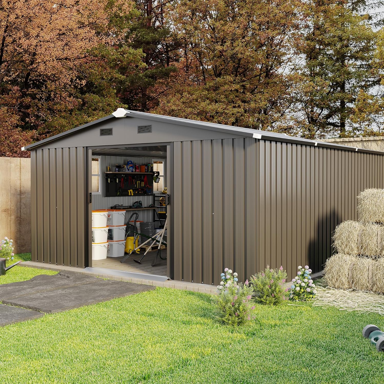 10x12 FT Metal Outdoor Storage Shed with Windows and Tool Kit, Heavy Duty Color Steel Panel, Weatherproof Utility Shed for Backyard Garden, Large Storage Building for Tools, Equipment and Bikes