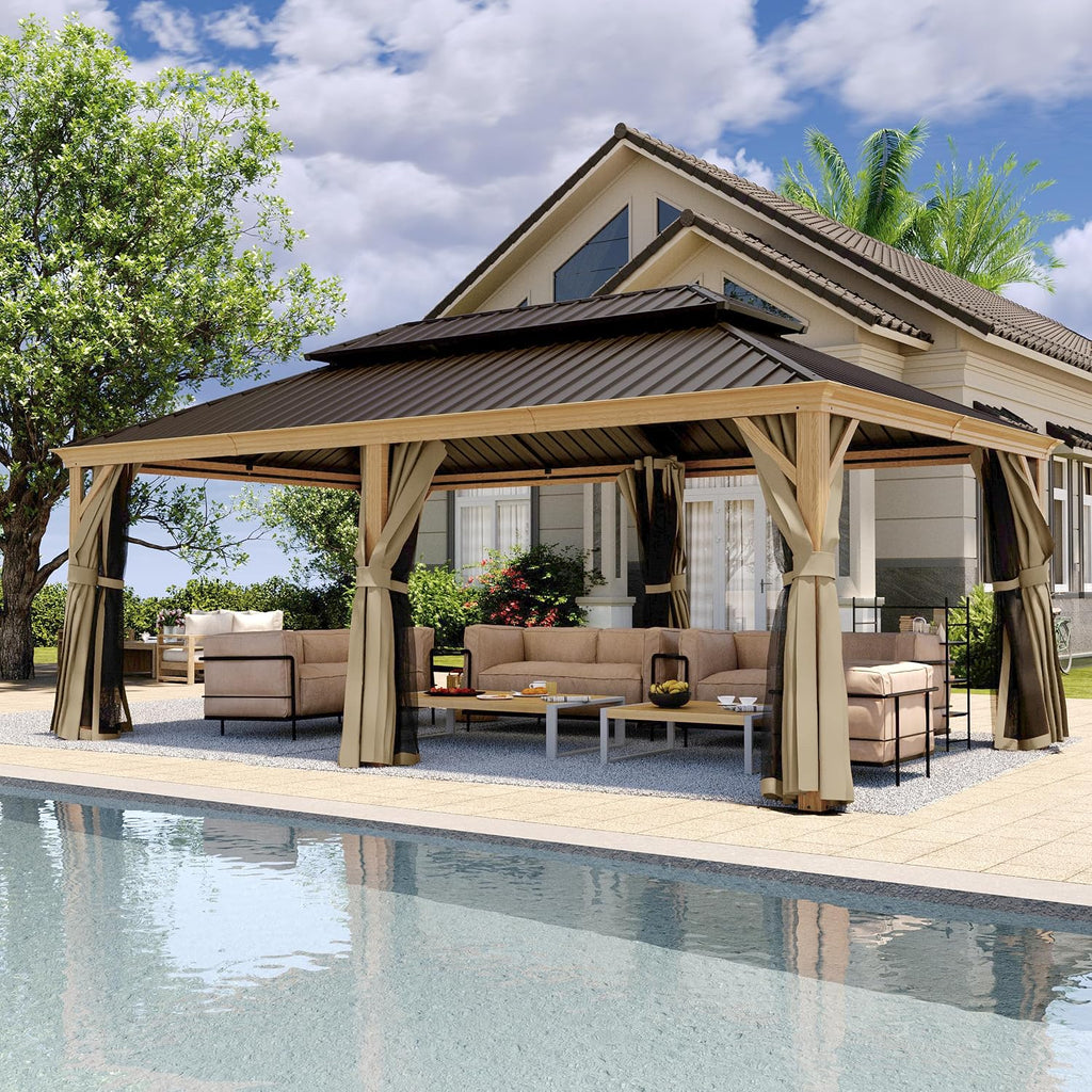 HAPPATIO 12' x 20' Hardtop Gazebo, Outdoor Wood Grain Aluminum with Galvanized Steel, Patio Double Roof Permanent Metal Gazebo Canopy with Netting and Curtains for Backyard, Patio, Deck (Brown)