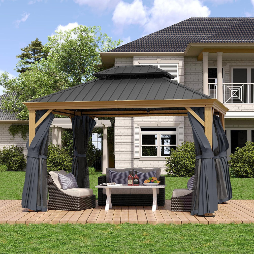 HAPPATIO 10' x 12' Hardtop Gazebo Outdoor, Wood Grain Aluminum Frame with Double Galvanized Steel Roof，Patio Gazebo Canopy with Netting and Curtains for Patio, Lawns, Deck, Backyard (Grey)