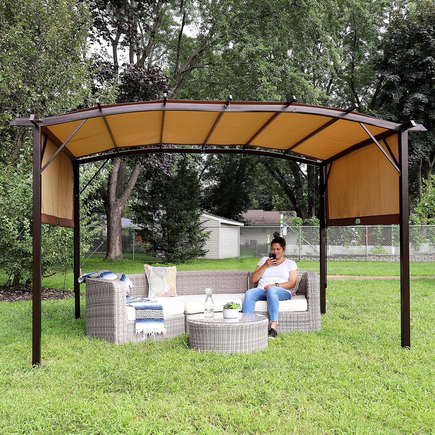 Sunnydaze 9' x 12' Outdoor Pergola with Retractable Canopy - Outdoor Patio Pergola with Retractable Sun Shade Cover for Deck - Tan