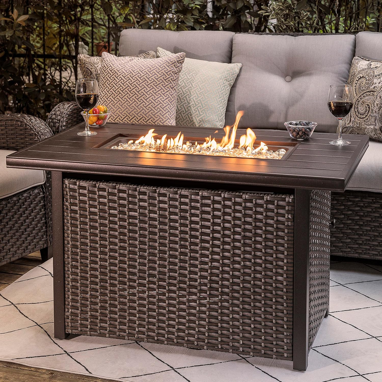 Nuu Garden 43' Propane Fire Pit Table, 50,000 BTU CSA Certified Outdoor Gas Fire Pit with Aluminum Tabletop, Removable Lid, 7 lbs Glass Rocks & Waterproof Oxford Cover, Brown