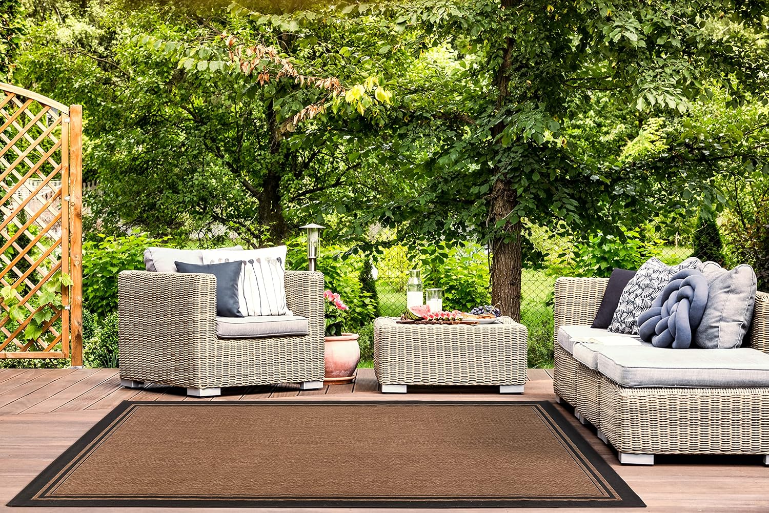 Gertmenian Indoor/Outdoor Flatweave Area Rug - 9x13 Extra Large, Stain & UV Resistant, Ideal For Deck, Patio, Poolside, Mudroom - Simple Border, Black/Nut Brown, 21993