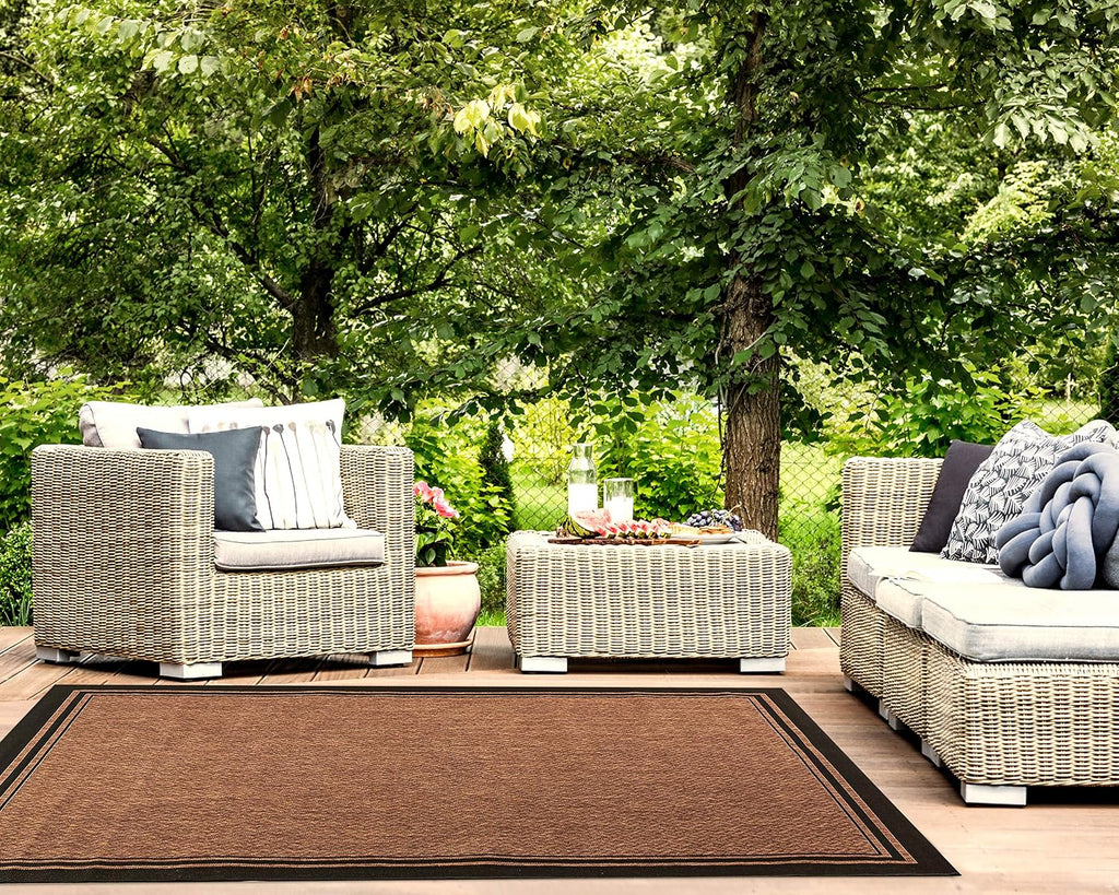 Gertmenian Indoor Outdoor Classic Flatweave Area Rug, Stain & UV Resistant Carpet, Deck, Patio, Poolside & Mudroom, 8x10 Ft Large, Border, Black Tan, 21515
