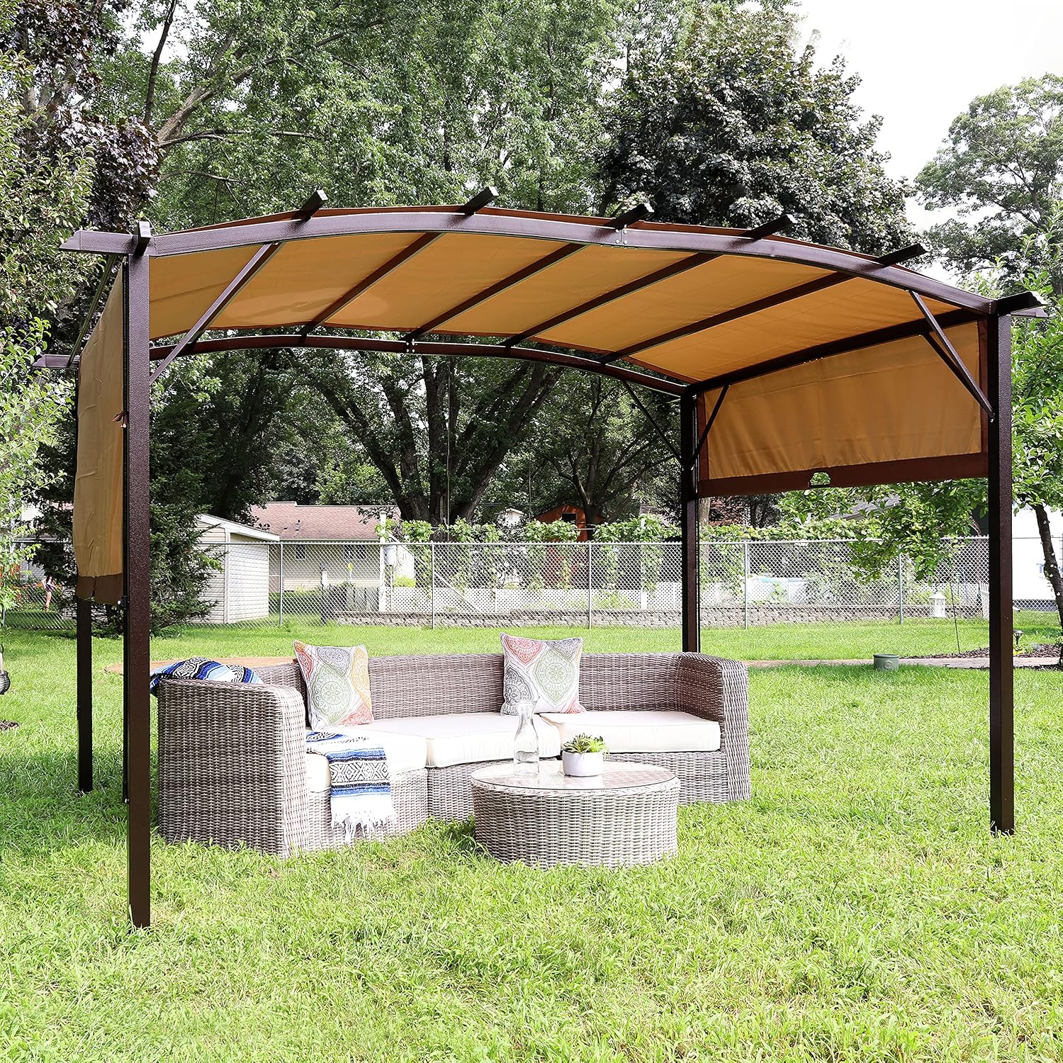 Sunnydaze 9' x 12' Outdoor Pergola with Retractable Canopy - Outdoor Patio Pergola with Retractable Sun Shade Cover for Deck - Tan