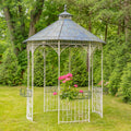 11ft. Tall Round Iron Gazebo with Four Side Walls & Flowers Baskets Seville (Antique White)