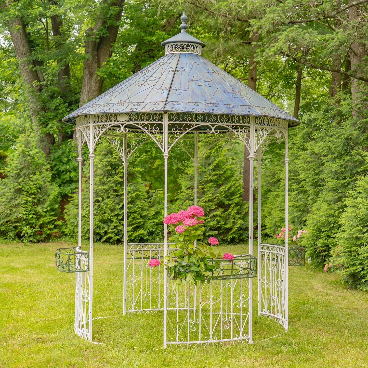 11ft. Tall Round Iron Gazebo with Four Side Walls & Flowers Baskets Seville (Antique White)