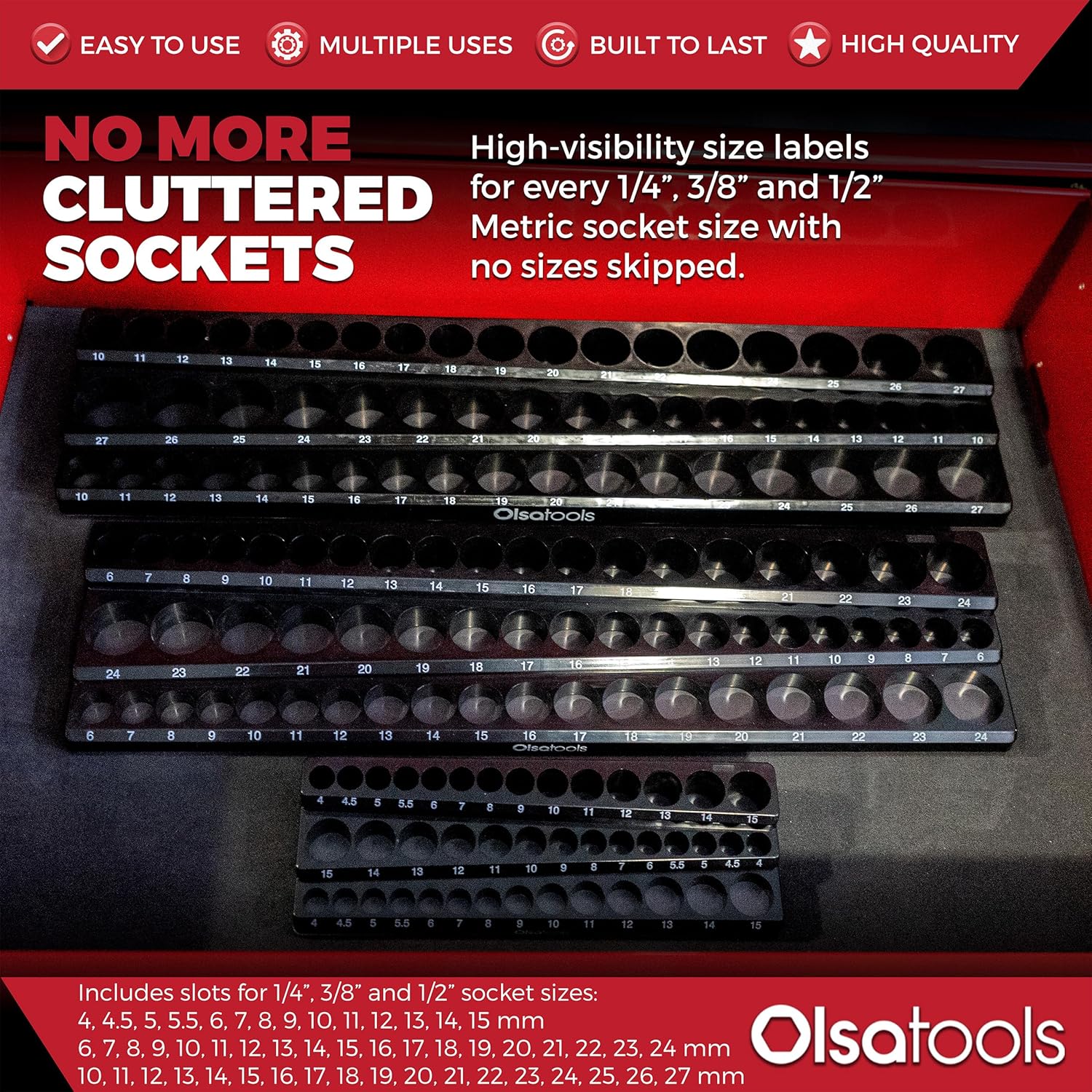 Olsa Tools 3-Row Magnetic Socket Organizer - 1/4', 3/8' & 1/2-Inch Drive Metric Socket Holder Set - Professional Tool Holder and Organizer - Stores up to 141 Sockets - Black