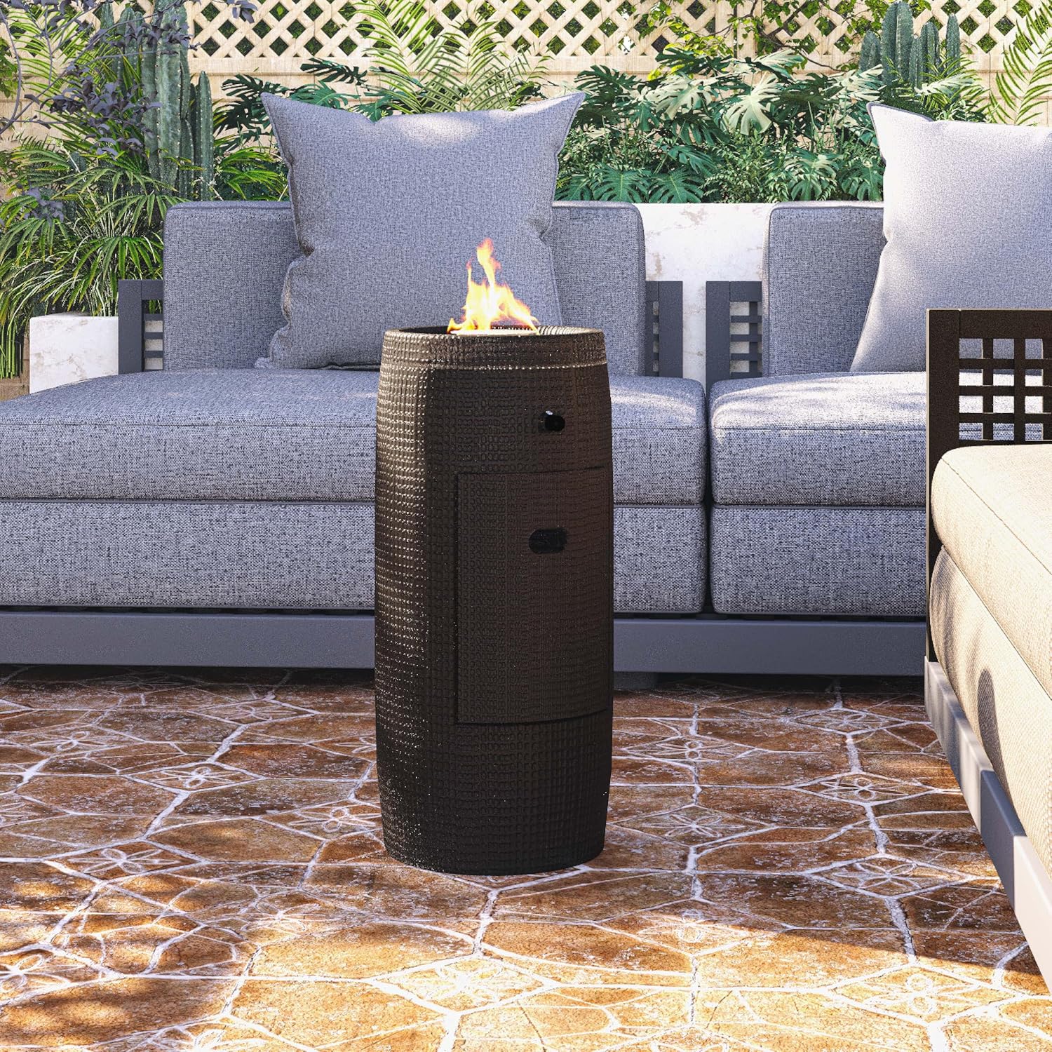 HOMPUS Propane Fire Pit Patio, Portable Concrete Gas Fire Pit for Outdoor Leisure Party, 15,000 BTU 11-inch Round Column Small with Lava Rocks and Rain Cover for Deck or Backyard, CSA Certified, Grey