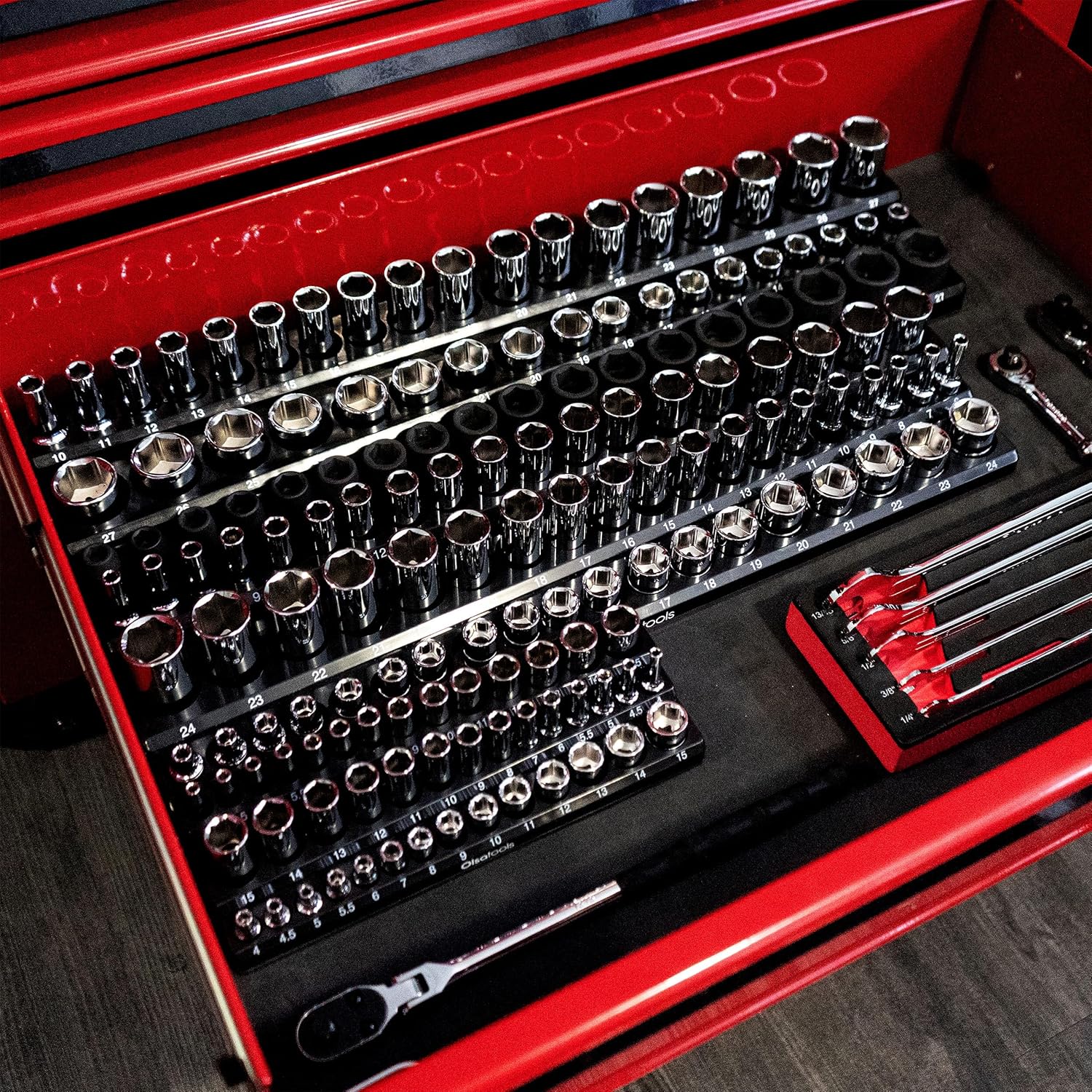 Olsa Tools 3-Row Magnetic Socket Organizer - 1/4', 3/8' & 1/2-Inch Drive Metric Socket Holder Set - Professional Tool Holder and Organizer - Stores up to 141 Sockets - Black