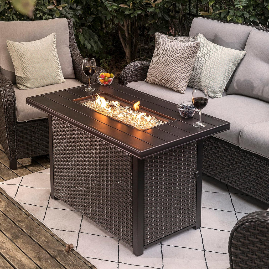 Nuu Garden 43' Propane Fire Pit Table, 50,000 BTU CSA Certified Outdoor Gas Fire Pit with Aluminum Tabletop, Removable Lid, 7 lbs Glass Rocks & Waterproof Oxford Cover, Brown