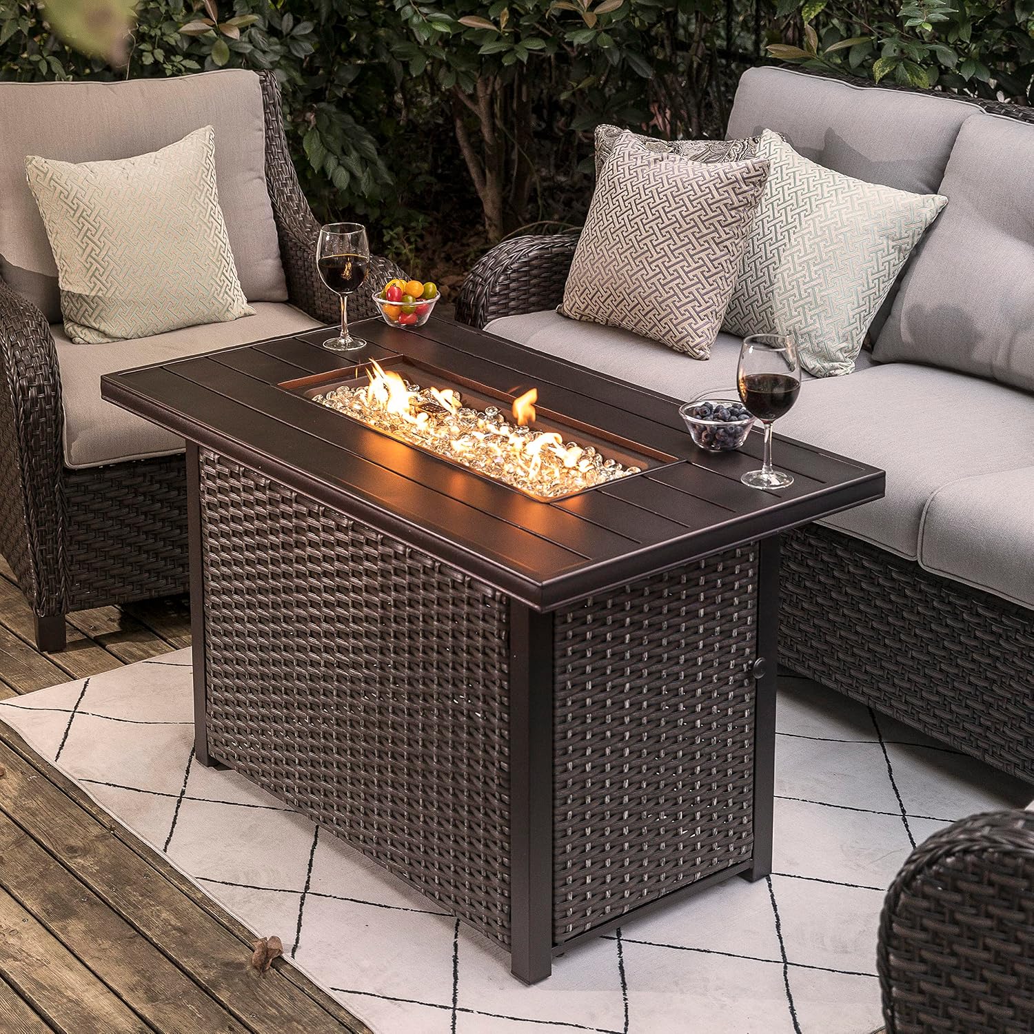 Nuu Garden 43' Propane Fire Pit Table, 50,000 BTU CSA Certified Outdoor Gas Fire Pit with Aluminum Tabletop, Removable Lid, 7 lbs Glass Rocks & Waterproof Oxford Cover, Brown