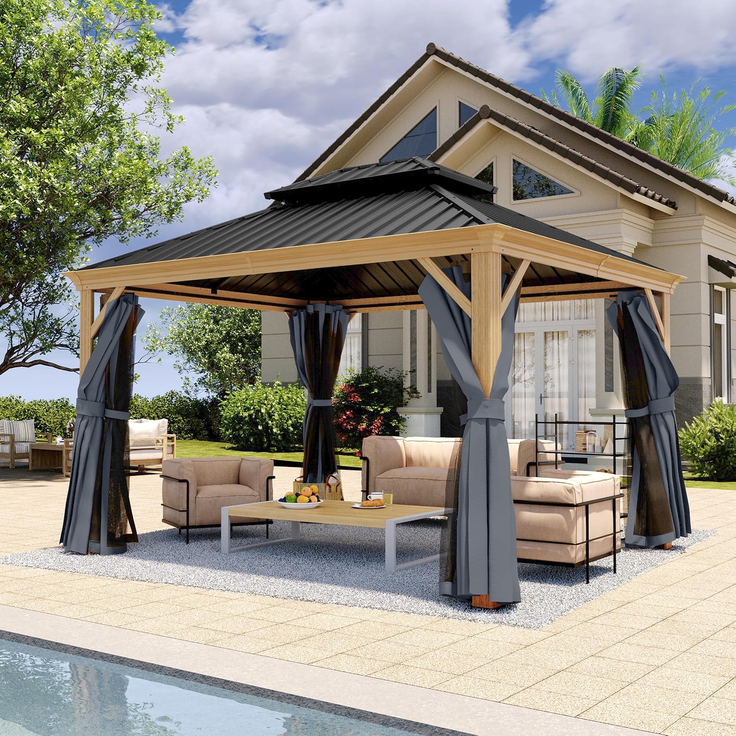HAPPATIO 10' x 12' Hardtop Gazebo Outdoor, Wood Grain Aluminum Frame with Double Galvanized Steel Roof，Patio Gazebo Canopy with Netting and Curtains for Patio, Lawns, Deck, Backyard (Grey)