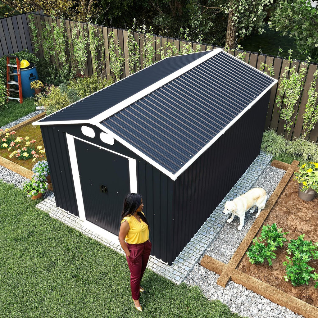 KEIKI 8x12 FT Outdoor Storage Shed, Heavy-Duty Metal Shed with Lockable Doors & Air Vents, Weather-Resistant Garden Tool Storage for Backyard Patio, Dark Gray
