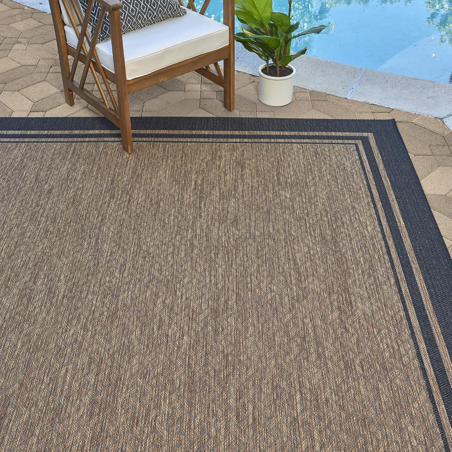 Gertmenian Indoor Outdoor Area Rug, Classic Flatweave, Washable, Stain & UV Resistant Carpet, Deck, Patio, Poolside & Mudroom, 8x10 Ft Large, Simple Border, Black Tan