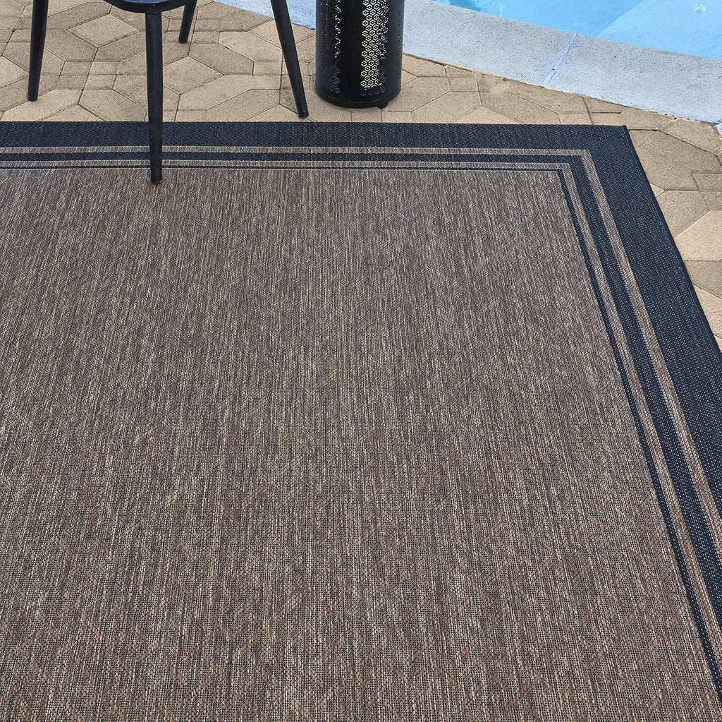 Gertmenian Indoor/Outdoor Flatweave Area Rug - 6x9 Medium, Stain & UV Resistant, Ideal for Deck, Patio, Poolside, Mudroom - Simple Border, Black Nut Brown, 22225