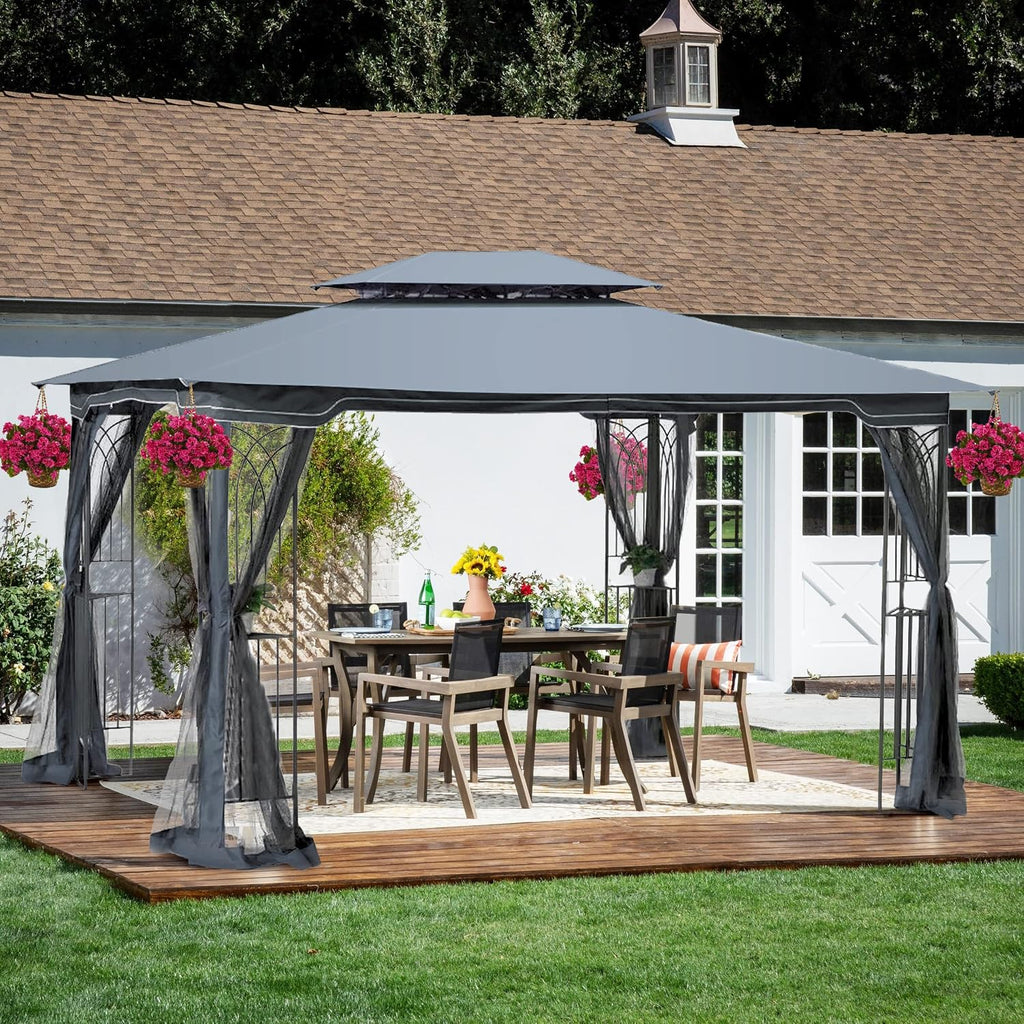 10x13 Outdoor Patio Gazebo, Heavy Duty Soft Top Gazebo with Shelves and Netting, Waterproof Canopy Gazebo with Galvanized Steel Frame and Double Roof, Metal Gazebo for Deck, Backyard, Porch (Gray)
