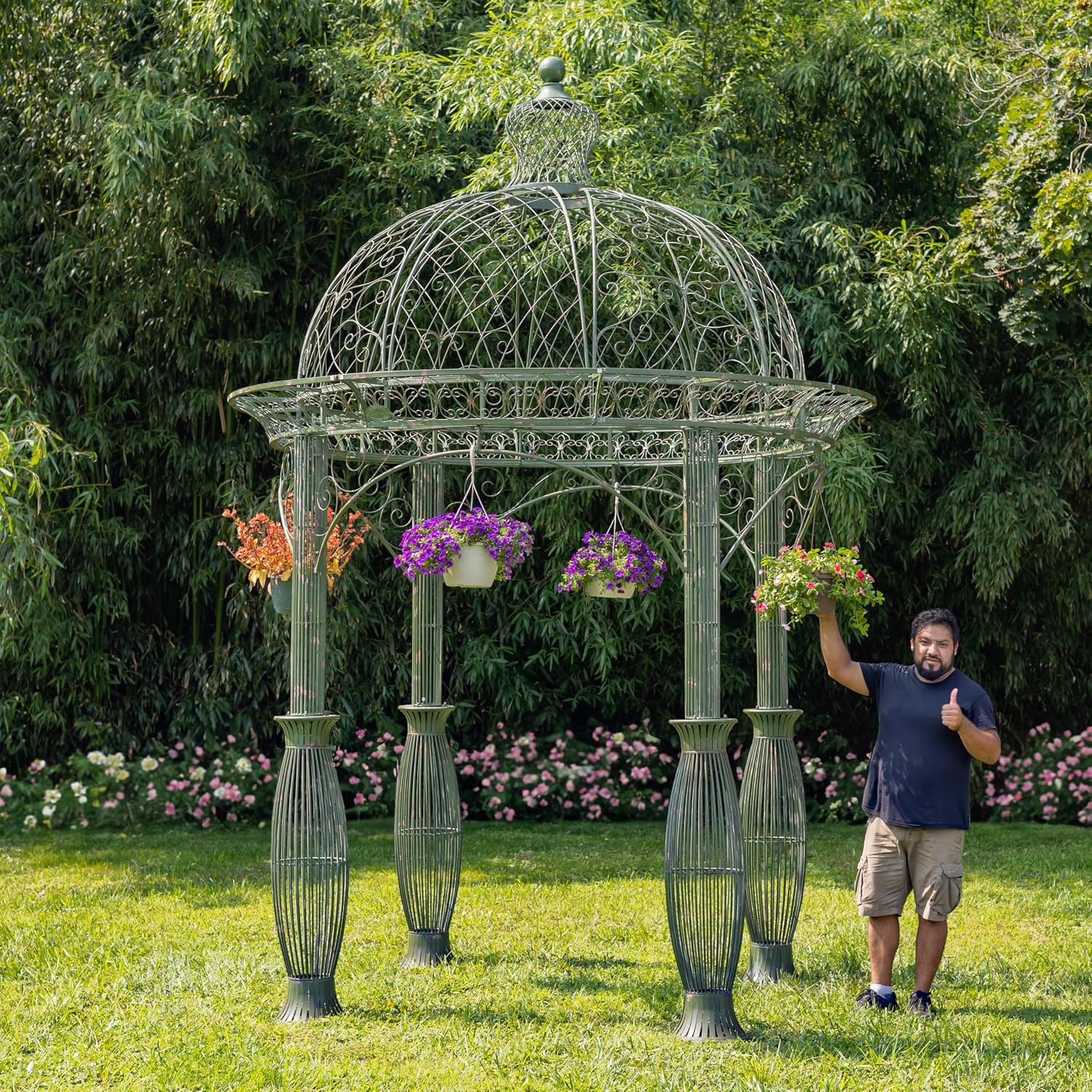 13ft. Tall Round Metal Garden Gazebo in Antique Finish (Antique Green)