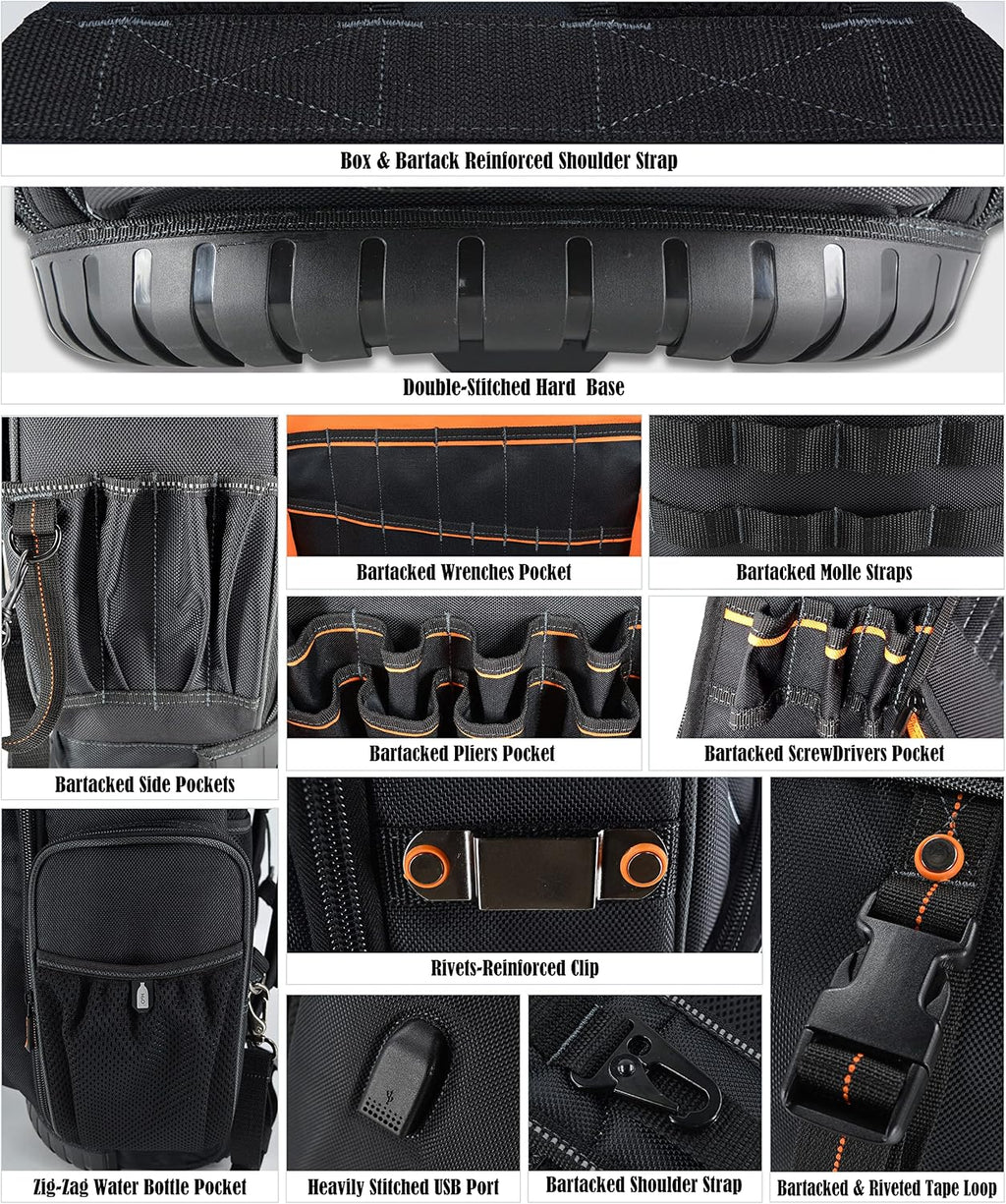 WELKINLAND 72Pockets Rolling Tool backpack, Large tool bag with wheels, Rolling Electrician bag with wheels for men