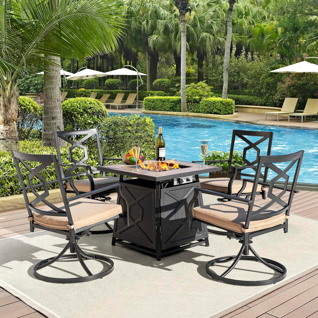 Nuu Garden 28 Inch Outdoor Propane Fire Pit Table, 50,000 BTU Square Gas Fire Table with Ceramic Tabletop, Lid, Cover, Lava Rock for Garden Backyard Party, Black