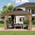 HAPPATIO 12' x 12' Hardtop Gazebo Outdoor, Wood Grain Aluminum Frame with Double Galvanized Steel Roof，Patio Gazebo Canopy with Netting and Curtains for Patio, Lawns, Deck, Backyard (Beige)